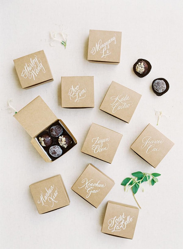 Individually boxed chocolate truffle wedding favours with personalised calligraphy of guest names in white ink | Michael Radford Photography via Style Me Pretty