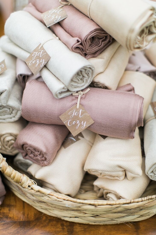 'Get Cozy' pashminas are a wearable winter wedding favour for guests | Hello Love Photography via The Knot