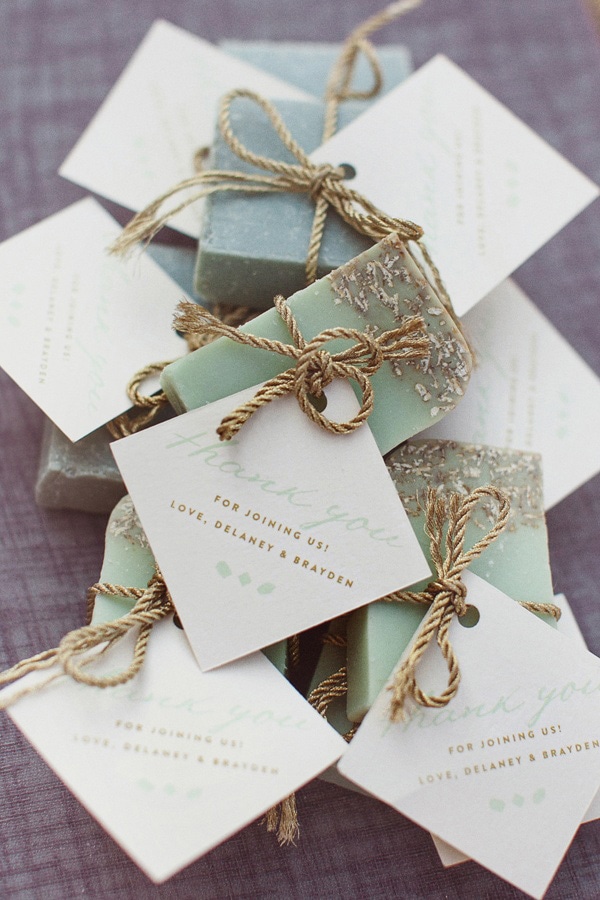 Handmade soap wedding favors finished with a thank you note tied with gold thread | Love Is A Big Deal via Ruffled