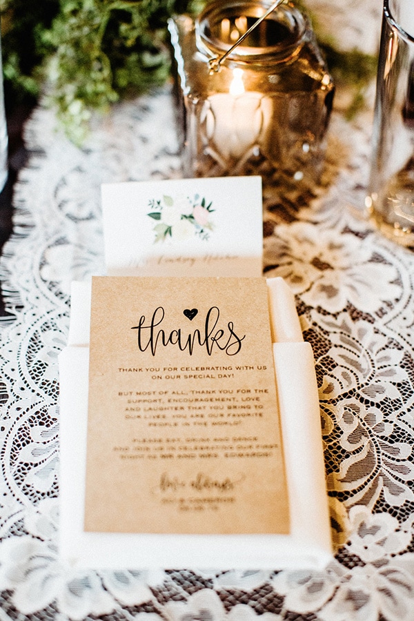 Kraft paper thank you card at each place setting as a wedding favour alternative | Sara Bee Photography via Wedding Chicks