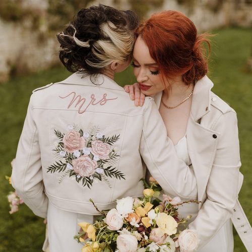 Personalised Floral Embroidery Ivory Faux Leather Bridal Jacket