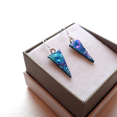 Colour Shifting Teal to Magenta Triangle Drop Earrings in Dichroic Glass