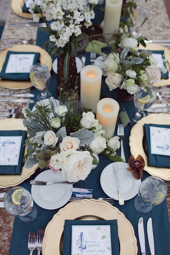 Elegant navy, cream and gold wedding centrepiece | Brandon Kidd via Ruffled