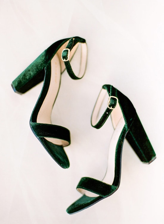 Green velvet block heels for wedding shoes | The Ganeys via Style Me Pretty