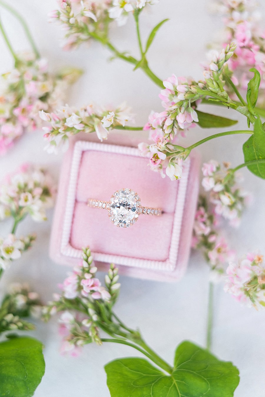 Rose gold halo diamond engagement ring with pave band displayed in soft pink velvet ring box | Photography: Claire Morris Photography via Bridal Musings