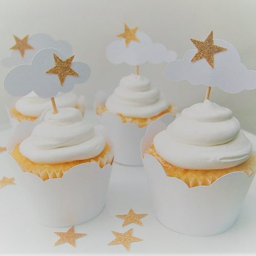 Cloud & Gold Star Cupcake Wrappers & Toppers, White Shimmer -  Set of 12