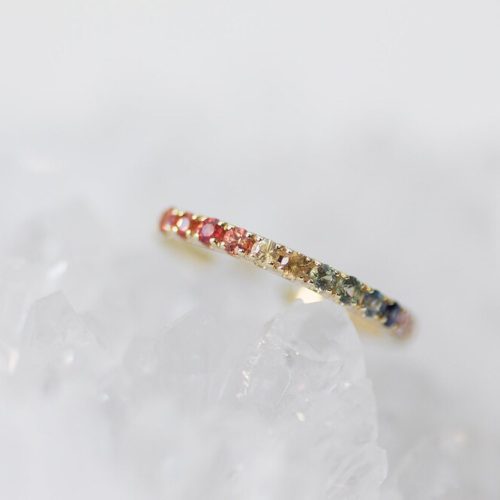 Handmade 14K Yellow Gold Half Eternity Rainbow Sapphire Ring