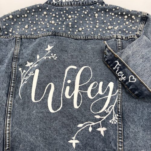 Custom Handpainted Denim Bridal Jacket with Pearls