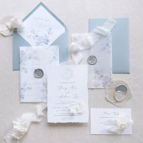 Dusty Blue & White Wedding Invitation - Deckled Edge