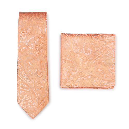 Peach Orange Paisley Wedding Necktie and Pocket Square Set