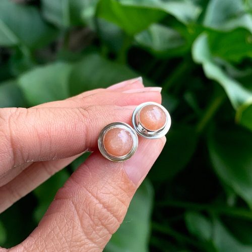 Peach Moonstone Silver Stud Earrings