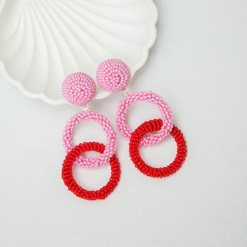 Pink and Red Beaded Double Hoop Earrings