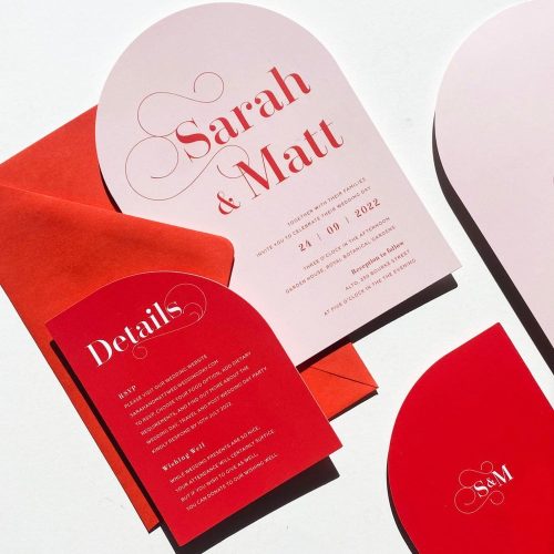 Modern Red and Pink Wedding Invitation Suite with Arch Design