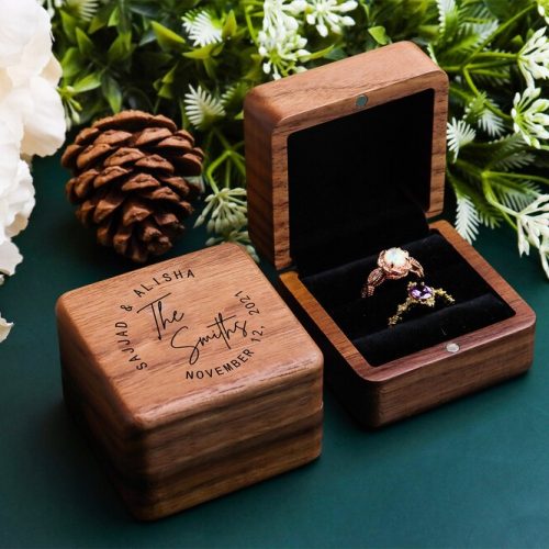 Square Double Wedding Ring Box Engraved Walnut Wood