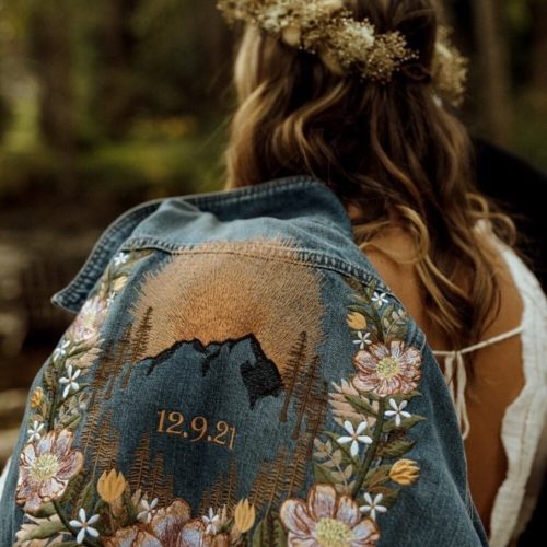 Personalised Denim Wedding Jacket With Embroidered Mountain & Floral Design