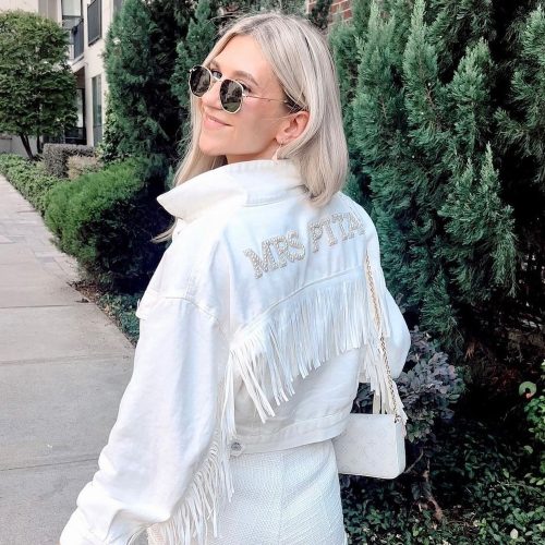 Personalized White Cropped Denim Bride Jacket with Fringe Detailing