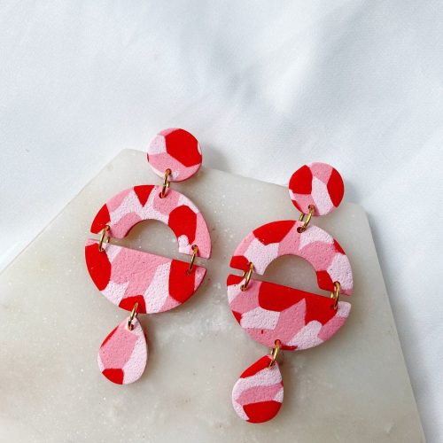 Abstract Red and Pink Polymer Clay Dangle Earrings