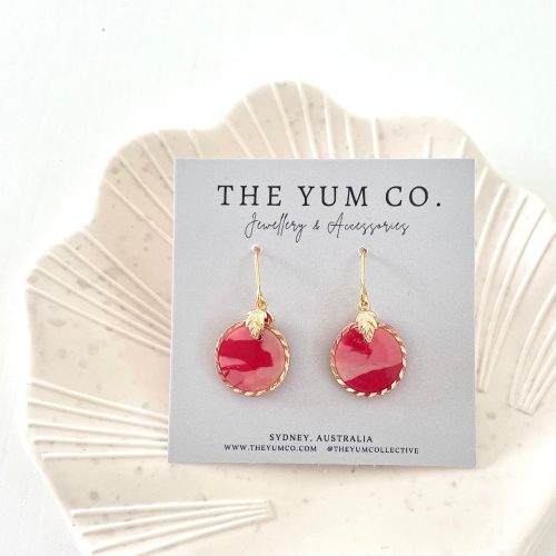 Gold Framed Red and Pink Dangle Earrings