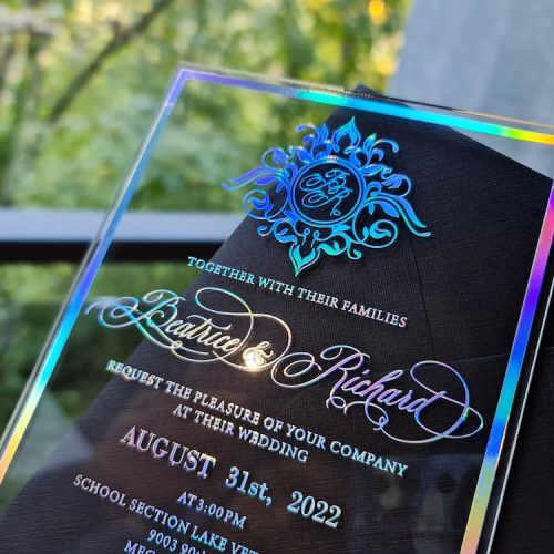 Acrylic Wedding Invitation, Holographic Rainbow Foil Printed