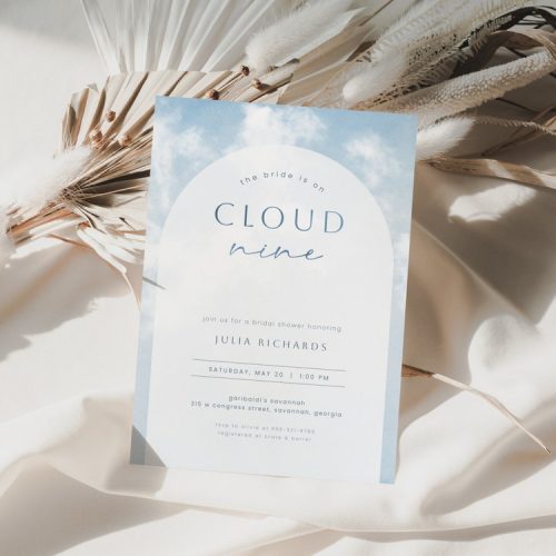 "The Bride is on Cloud Nine" Bridal Shower Invitation Digital Download, Blue Sky, Clouds and Arch Design