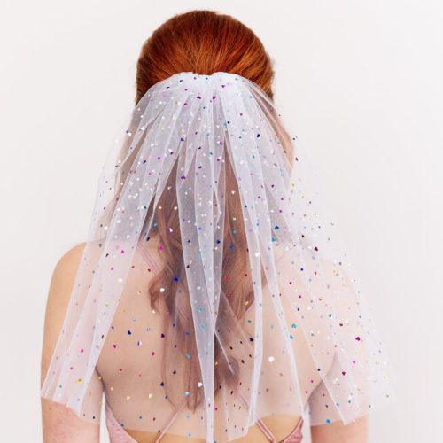 Multicolour Short Wedding Veil with Mini Metallic Hearts