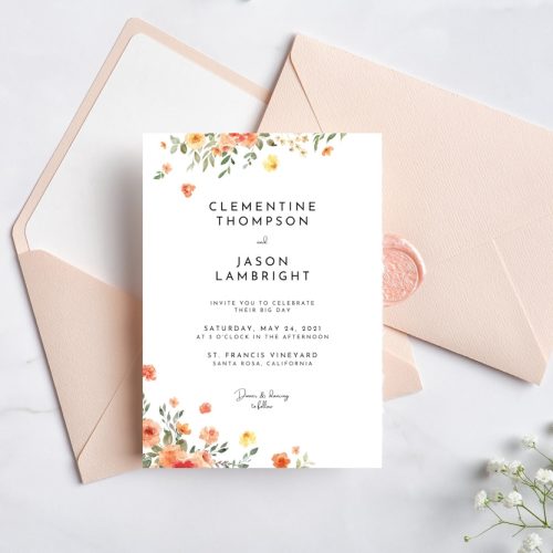 Peach Floral Wedding Invitation Template