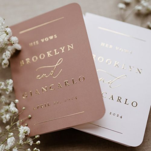Set of 2 Elegant Wedding Vow Books with Names and Wedding Date in Metallic Foil