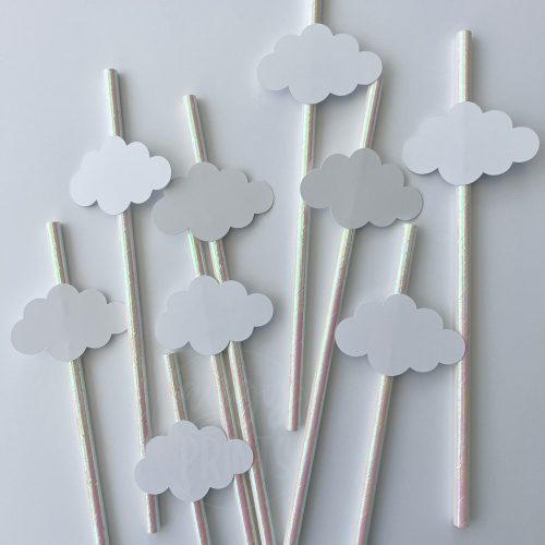 "She's on Cloud Nine" Theme White Iridescent Drinking Paper Straws with Cloud Cut Out for Bridal Shower