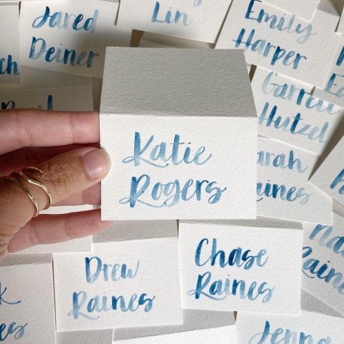 Custom Blue Watercolor Modern Calligraphy Script Place Cards