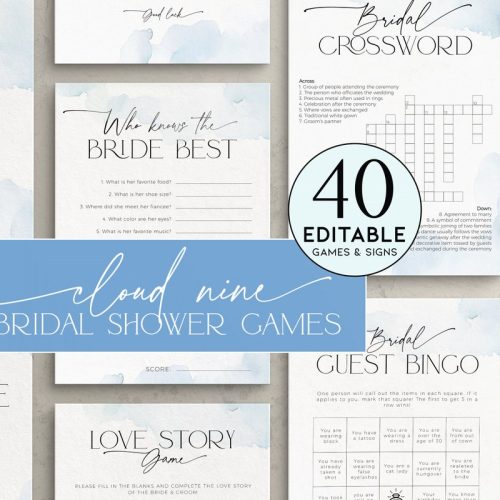 "She's On Cloud Nine" Theme Bridal Shower 40 Games Bundle, Digital Download, Watercolor Sky