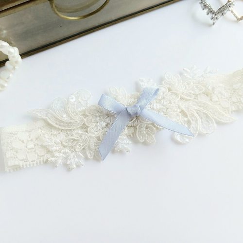 Ivory Stretch Lace Garter with Light Blue Bow