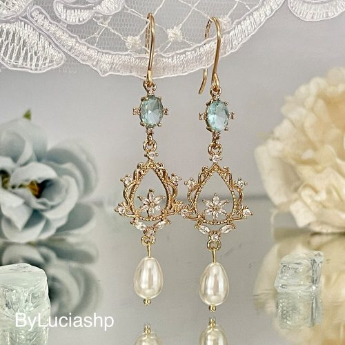 Blue Crystal and Pearl Chandelier Bridal Earrings