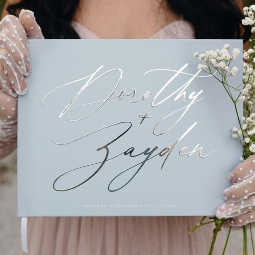 Personalized Dusty Blue Wedding Guest Book with Silver Foil