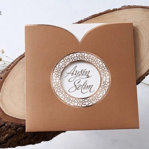 White Ivory Modern Wedding Invitation Card and Copper Foiled Brown Terracotta Sleeve