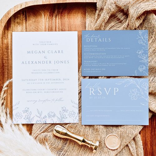 Dusty Blue Floral Wedding Invitation Bundle of Editable Templates - Instant Download