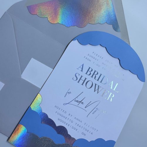 Personalized "A Bridal Shower" Cloud Nine Theme Invitation, Layered Foil & Matte Clouds with Matching Envelope
