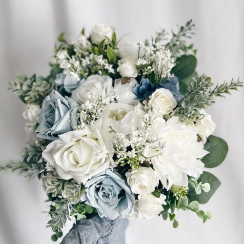 Bridal Bouquet with Faux Dusty Blue & White Silk Flowers & Greenery