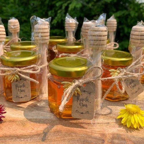 Mini Wildflower Honey Jar Favors: With Wooden Dippers, Bee Charm & Thank You Tags