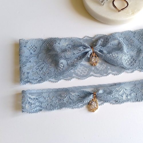 "Something Blue" Lace Wedding Garter Set with Glass Crystal Accent