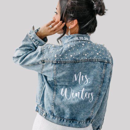 Personalized Bride Denim Embroidered Mrs Jacket With Pearl Accents
