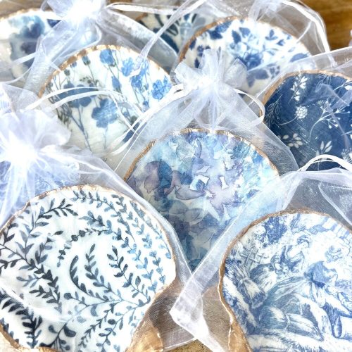 Blue & White Scallop Shell Ring Dish Bridal Shower Favor: Chinoiserie & Floral Designs, Gold Leaf Painted Edges