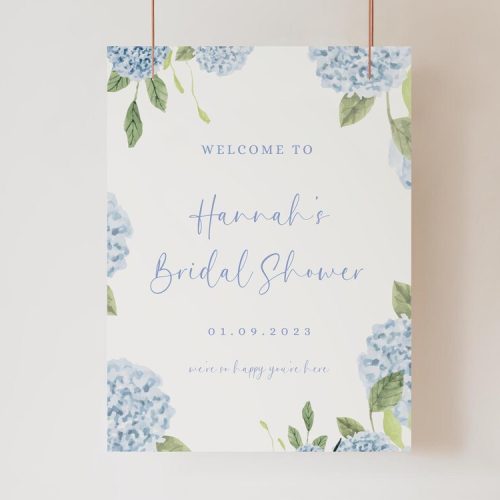 Blue Hydrangea Bridal Shower Welcome Sign Template