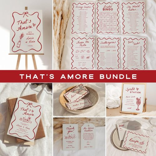 Red Italian Themed "That's Amore" Bridal Shower Digital Download Bundle, with Wavy Borders & Playful Fonts