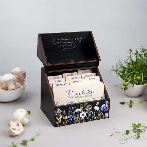 Personalized Wooden Recipe Storage Box with Blue Wildflower Design: Bridal Shower Gift, Includes 150 Double-Sided Recipe Cards
