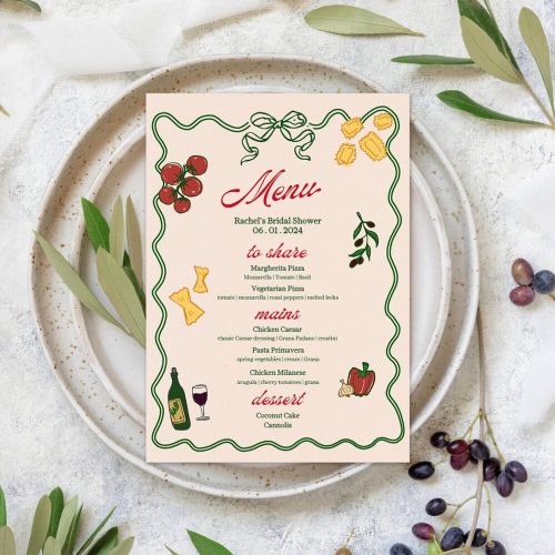 Colorful "Thats Amore" Bridal Shower Menu Digital Download with Hand Drawn Pasta, Tomatoes, Wine, Olives, Garlic, Bell Pepper, Ribbon Bow Border
