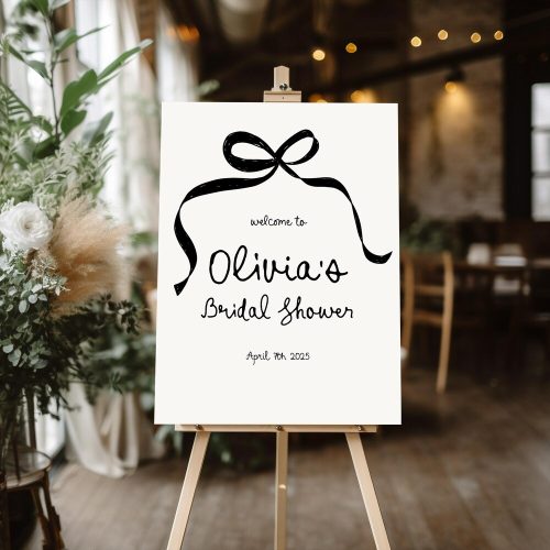 Personalized Modern Minimalist Bridal Shower Welcome Sign Digital Download with Black Bow