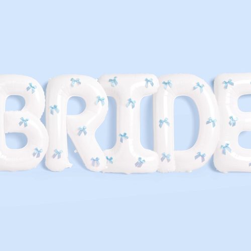 White Matte "BRIDE" Letter Balloons with Adhesive Blue Satin Bows: 40 inch, XL