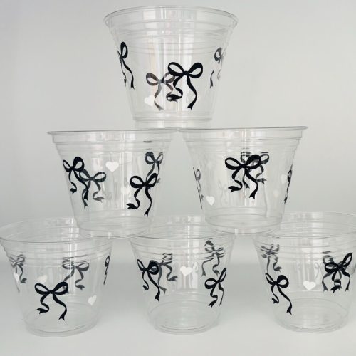 Black Bow Clear Disposable Plastic Cups for “She’s Tying the Knot” Bridal Shower