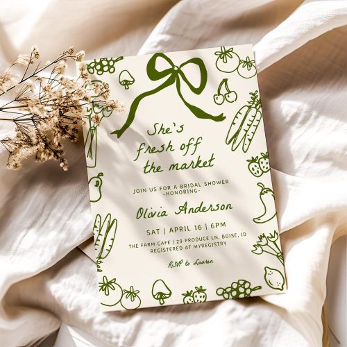 Bridal Shower Invite Editable Template "She's Fresh Off The Market": Hand Drawn Bow & Farmer's Market Produce Border
