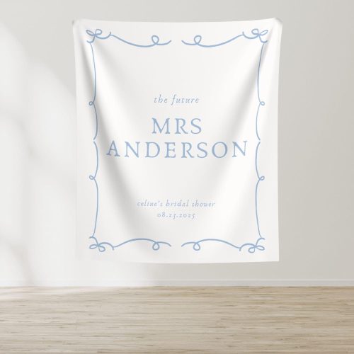 Light or Dark Blue "Future Mrs" Personalized Bridal Shower Fabric Banner Backdrop: Bow Ribbon Border, Other Colours Available